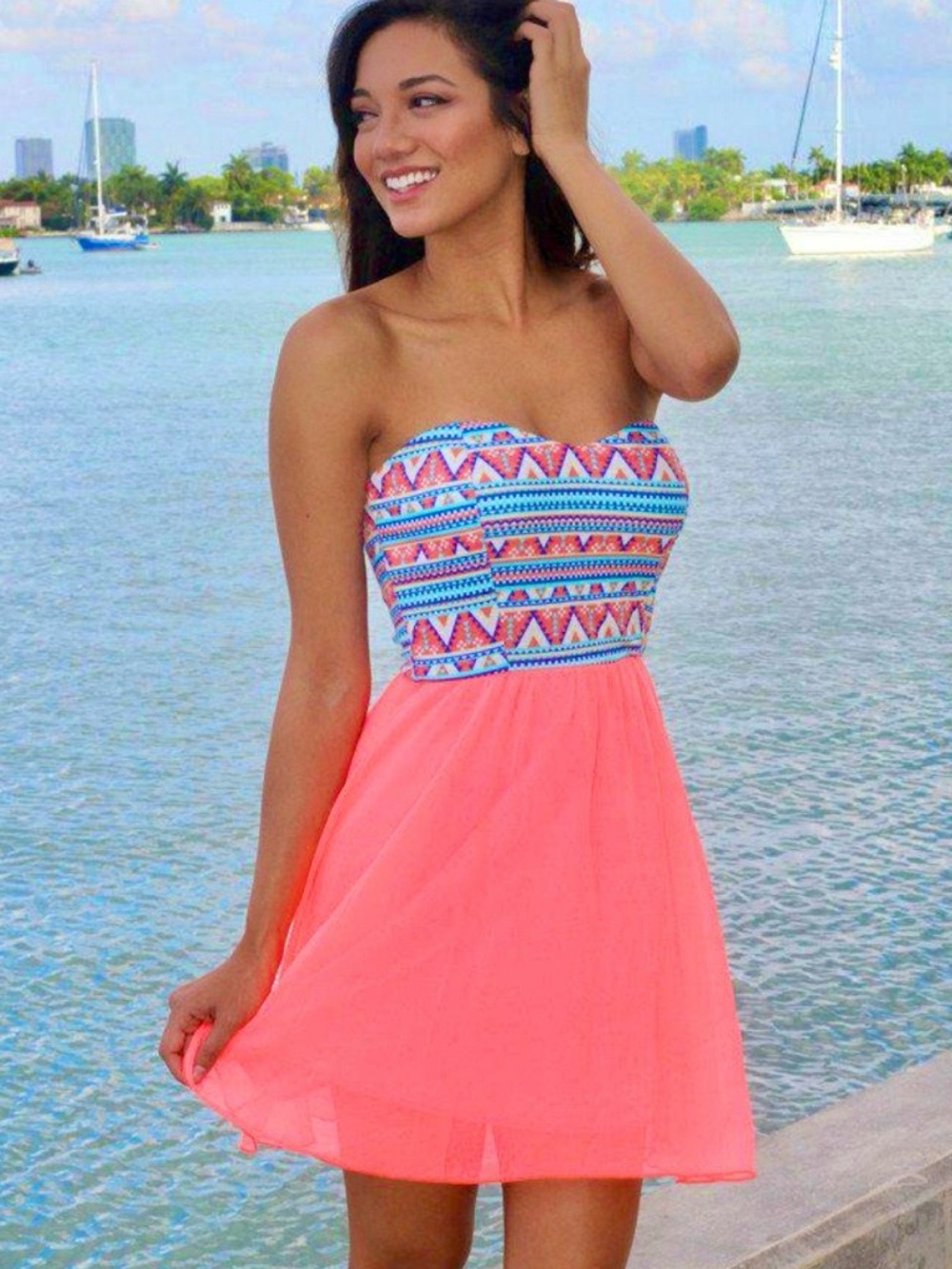 Style Rack Coral Strapless Dress with Aztec Print Bodice - Medium - Picture 8 of 8